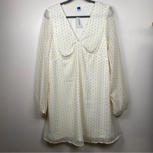 NWT Old Navy Women's Ivory V-Neck Long Sleeve Mini Dress Medium Tall - Picture 2 of 6